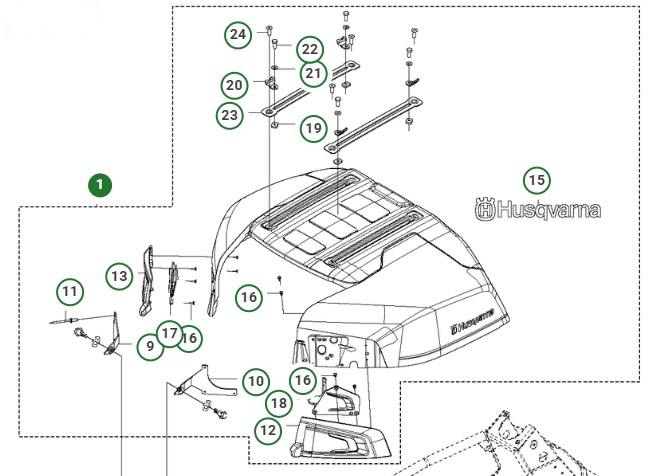 ENGINE HOOD ASSY WITH HINGES & i gruppen Reservdelar Gräsklippare / Reservdelar Husqvarna Rider / Reservdelar Rider 316TsX AWD hos Gräsklipparbutiken (5293548-07)