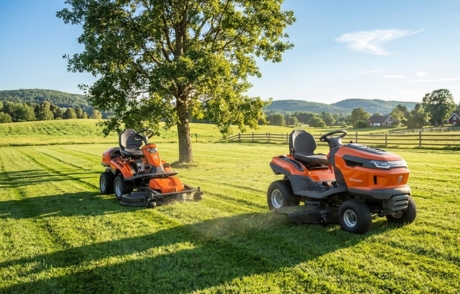 Husqvarna rider och traktor som klipper gräsmatta